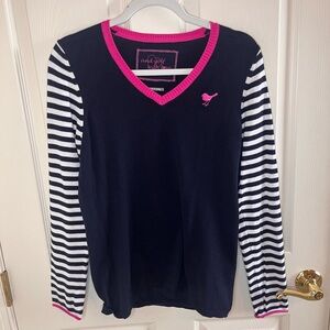 And Golf We Love Navy Stripe V-Neck Gold Sweater Pink trim size medium